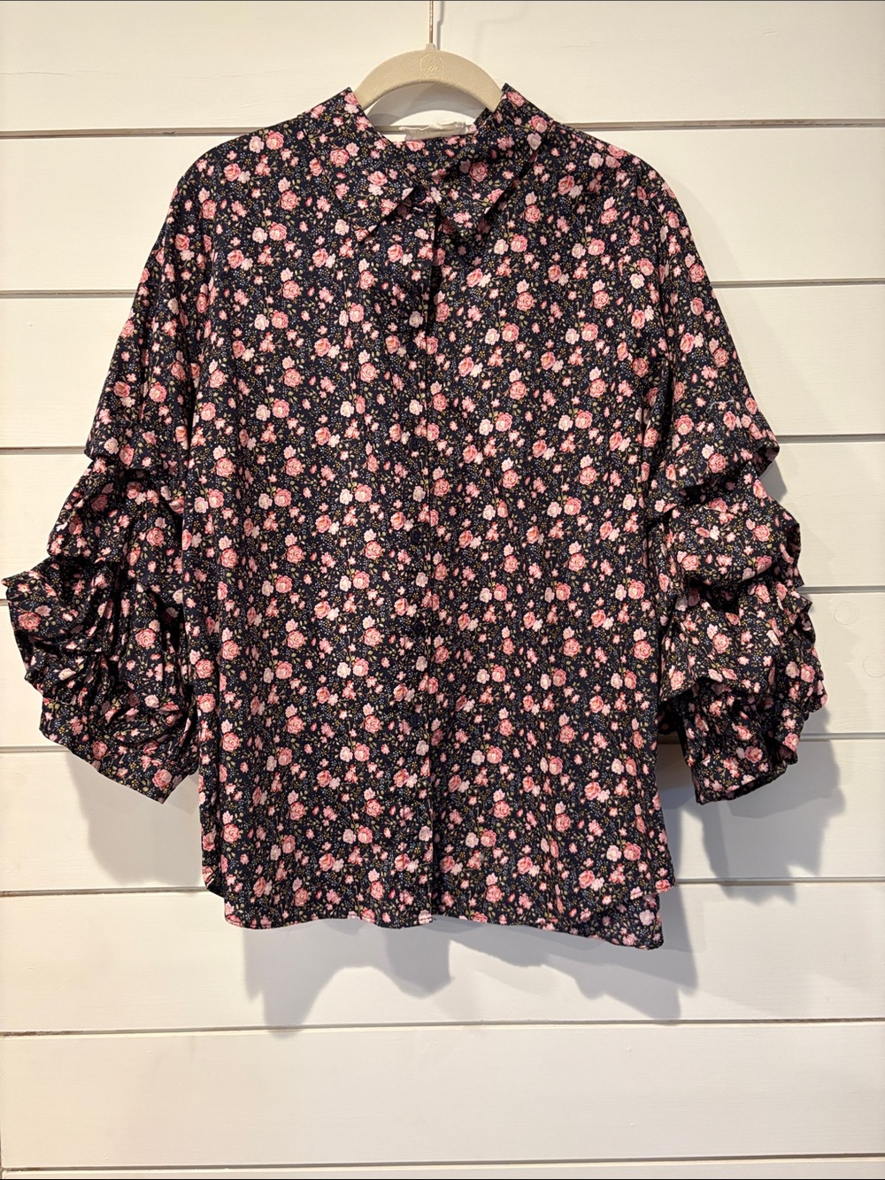 Floral Puff-Sleeve Blouse - Blue with Pink Rose Print